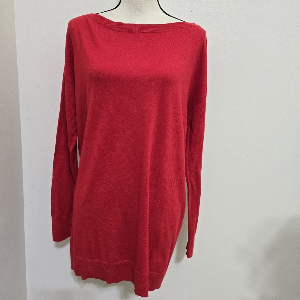 HALOGEN size Large Cashmere Blend Tunuic Sweater Boat Neck Soft Cozy Holiday Red